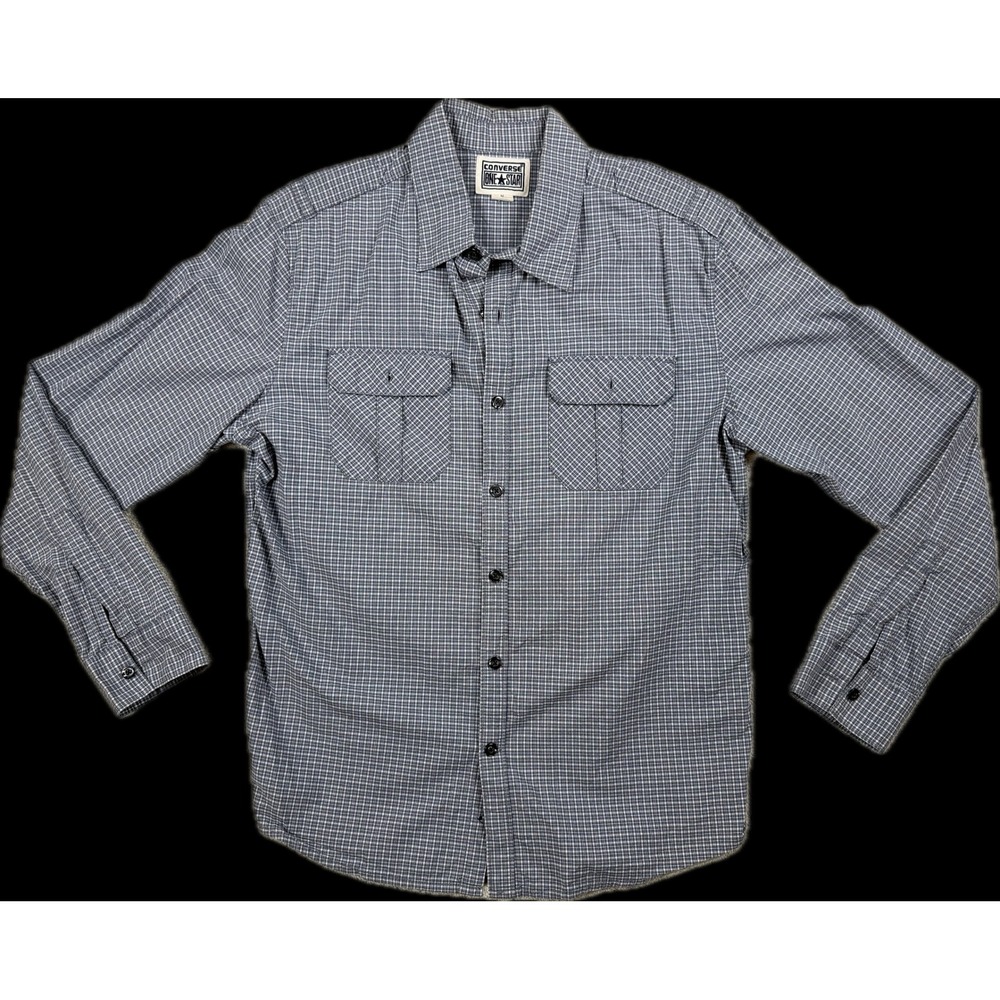 CONVERSE ONE STAR Men's Gingham Grid Long Sleeve Shirt Blue Gray Sz M #1539